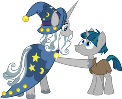 Size: 3710x3000 | Tagged: safe, artist:cloudy glow, star swirl the bearded, stygian, pony, unicorn, g4, shadow play, .ai available, cute, duo, duo male, hat, high res, looking at each other, male, reconciliation, simple background, smiling, stallion, stygianbetes, swirlabetes, transparent background, vector, wizard, wizard hat