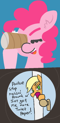 Size: 329x666 | Tagged: safe, artist:jargon scott, artist:threetwotwo32232, edit, applejack, pinkie pie, earth pony, pony, g4, ear fluff, female, mare, toilet paper roll, what does she see