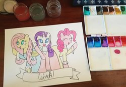 Size: 1024x712 | Tagged: safe, artist:mtfc1029, fluttershy, pinkie pie, rarity, pony, g4, and peggy, angelica schuyler, clothes, crossover, dress, eliza schuyler, hamilton, peggy schuyler, the schuyler sisters, traditional art