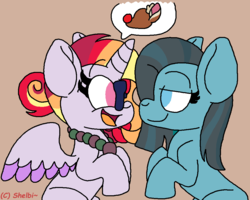 Size: 1000x801 | Tagged: safe, artist:shelbi-cat, oc, oc only, oc:daybreak shine, oc:pebblestone pie, alicorn, earth pony, pony, alicorn oc, glasses, looking at each other, magical lesbian spawn, offspring, parent:cheese sandwich, parent:pinkie pie, parent:sunset shimmer, parent:twilight sparkle, parents:cheesepie, parents:sunsetsparkle, pictogram, speech bubble