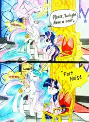 Size: 2322x3165 | Tagged: safe, artist:liaaqila, princess celestia, twilight sparkle, alicorn, pony, :<, :c, bucket, chair, chest fluff, cute, cutelestia, descriptive noise, eye contact, eyes closed, fart noise, featured image, female, fluffy, food, frown, gotcha, height difference, incoming prank, laughing, leg fluff, levitation, lidded eyes, looking at each other, looking up, magic, mare, okay, open mouth, pie, pouring, prank, raised hoof, raised leg, shrunken pupils, sillestia, silly, silly pony, sitting, smiling, surprised, telekinesis, throne, traditional art, trollestia, twiabetes, twilight sparkle (alicorn), wall of tags, water, whoopee cushion, wide eyes, wing fluff