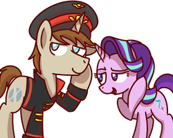 Size: 1280x1024 | Tagged: safe, artist:sugar morning, starlight glimmer, oc, oc:red glare, pony, unicorn, g4, canon x oc, clothes, commissar, cute, female, hat, male, mare, shipping, simple background, stallion, straight, uniform, warhammer (game), warhammer 40k, whispering