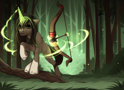 Size: 1315x956 | Tagged: safe, artist:empaws, oc, oc only, oc:clouded wisp, pony, unicorn, archer, arrow, assassin, bow (weapon), bow and arrow, commission, female, forest, grass, hood, lights, magic, mare, solo, tree, unshorn fetlocks, weapon