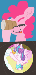 Size: 4267x8640 | Tagged: safe, artist:threetwotwo32232, edit, editor:michaelsety, screencap, pinkie pie, princess flurry heart, alicorn, pony, a flurry of emotions, g4, absurd resolution, baby, baby carriage, blinking, bottle, cute, diaper, eyes closed, flurrybetes, hoof hold, kneeling, spread wings, toilet paper roll, what does she see, wings
