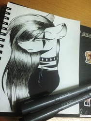 Size: 2448x3264 | Tagged: safe, artist:noey11843, oc, oc only, oc:emala jiss, pony, bust, choker, female, high res, mare, monochrome, photo, portrait, solo, spiked choker, traditional art