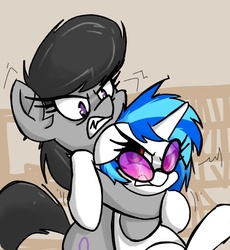 Size: 505x548 | Tagged: safe, artist:plunger, dj pon-3, octavia melody, vinyl scratch, earth pony, pony, unicorn, g4, 4chan, angry, drawthread, female, floppy ears, frazzled hair, gritted teeth, headlock, mare, messy mane, red eyes, simple background, sports, wrestling