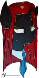 Size: 1600x3183 | Tagged: safe, artist:obscuredragone, oc, oc only, oc:blaze shadow, broken horn, bust, dark, eye scar, glowing eyes, golden eyes, horn, looking at you, red and black oc, red mane, scar, simple background, solo, stare, transparent background, yellow eyes