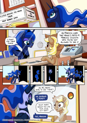Size: 955x1351 | Tagged: safe, artist:mysticalpha, nightmare moon, princess luna, oc, alicorn, earth pony, pony, g4, blade runner 2049, cinema, comic, dark alley, dialogue, female, mare, movie reference, my little dragon, nightmare moon glamour, not safe for woona, parody, speech bubble, them, transformation