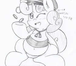 Size: 1206x1063 | Tagged: safe, artist:patoriotto, sweetie belle, pony, unicorn, g4, belly button, bit, blushing, chubbie belle, chubby, coin, ear fluff, female, filly, filly guides, fupa, grayscale, monochrome, neck fluff, one eye closed, open mouth, simple background, solo, white background, wink