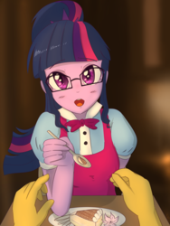 Size: 3000x4000 | Tagged: safe, artist:yinglung, sci-twi, sunset shimmer, twilight sparkle, equestria girls, g4, blushing, cute, feeding, female, female pov, first person view, food, high res, lesbian, looking at each other, looking at you, offscreen character, pov, ship:sci-twishimmer, ship:sunsetsparkle, shipping, solo focus, spoon, twiabetes