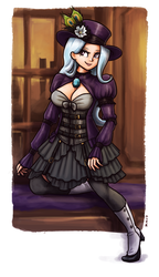 Size: 924x1600 | Tagged: safe, artist:king-kakapo, trixie, human, g4, boots, breasts, busty trixie, cleavage, clothes, corset, female, hat, high heel boots, humanized, shoes, skirt, smiling, socks, solo, steampunk, stockings, thigh highs