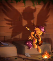 Size: 3300x3753 | Tagged: safe, artist:sirzi, scootaloo, pegasus, pony, g4, bass guitar, bonfire, cutie mark, eyes closed, feather, female, filly, fire, guitar, high res, hoof hold, left handed, musical instrument, sad, scootabass, scootaloo's cutie mark, shadow, sitting, solo, the cmc's cutie marks, wings