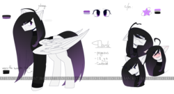 Size: 3000x1625 | Tagged: safe, artist:cupofvanillatea, oc, oc only, oc:dark, pegasus, pony, female, mare, reference sheet, solo, watermark