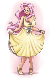 Size: 1024x1600 | Tagged: safe, artist:king-kakapo, part of a set, fluttershy, human, blushing, breasts, busty fluttershy, cleavage, clothes, cute, dress, female, high heels, humanized, light skin, mary janes, ribbon, shoes, shyabetes, skirt, skirt lift, solo