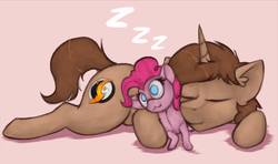 Size: 2161x1276 | Tagged: safe, artist:marsminer, pinkie pie, oc, oc:heroic armour, earth pony, pony, unicorn, g4, ear fluff, eyes closed, female, lying down, male, mare, pink background, plushie, simple background, sleeping, solo, stallion, zzz