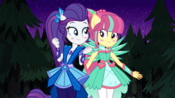 Size: 1280x720 | Tagged: safe, artist:limedazzle, artist:mixiepie, artist:themexicanpunisher, rarity, sour sweet, equestria girls, g4, my little pony equestria girls: legend of everfree, alternate hairstyle, clothes, clothes swap, crystal guardian, crystal wings, dress, forest, night, ponied up, show accurate, stars, tree