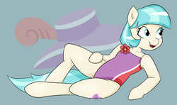Size: 3265x1935 | Tagged: safe, artist:nero9, coco pommel, earth pony, semi-anthro, g4, cel shading, clothes, cocobetes, cute, cutie mark background, draw me like one of your french girls, female, flower, mare, one-piece swimsuit, simple background, solo, swimsuit