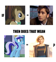 Size: 3008x3337 | Tagged: safe, edit, doctor whooves, minuette, time turner, earth pony, human, pony, unicorn, g4, bbc, blazer, clothes, david tennant, doctor who, headcanon, high res, image macro, irl, irl human, jodie whittaker, meme, necktie, photo, shirt, sideburns, suspenders, t-shirt, tenth doctor, the doctor, theory, thirteenth doctor, trenchcoat