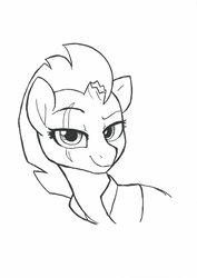 Size: 752x1063 | Tagged: safe, artist:gahoon, tempest shadow, pony, unicorn, g4, my little pony: the movie, black and white, broken horn, clothes, eye scar, female, grayscale, horn, looking at you, mare, monochrome, scar, simple background, sketch, smiling, solo, traditional art, white background