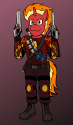Size: 700x1200 | Tagged: safe, artist:regularmouseboy, oc, oc only, oc:valiant flame, unicorn, anthro, armor, assault rifle, boots, cartridge, clothes, desert eagle, flashbang, g36, gradient background, gun, rifle, shoes, simple background, solo, sword, weapon