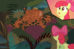 Size: 1800x1200 | Tagged: safe, artist:regularmouseboy, apple bloom, earth pony, pony, g4, abandoned, apple bloom's bow, bow, everfree forest, female, filly, foal, hair bow, rust, solo, tank (vehicle), vine, world war ii