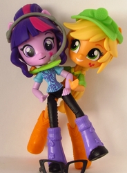 Size: 606x825 | Tagged: safe, artist:whatthehell!?, applejack, sci-twi, twilight sparkle, equestria girls, g4, boots, clothes, doll, equestria girls minis, glasses, grimderp, hat, headphones, irl, knife, photo, shoes, toy