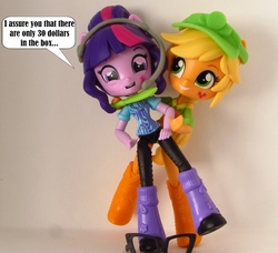 Size: 822x750 | Tagged: safe, artist:whatthehell!?, applejack, sci-twi, twilight sparkle, equestria girls, g4, boots, clothes, doll, equestria girls minis, glasses, grimderp, hat, headphones, irl, knife, photo, shoes, toy