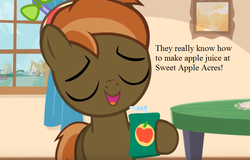Size: 800x512 | Tagged: safe, artist:jan, edit, button mash, earth pony, button's adventures, g4, apple juice, beanie, colt, cropped, curtains, eyes closed, foal, hat, juice, juice box, male, window, youtube source
