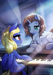 Size: 1800x2545 | Tagged: safe, artist:fidzfox, oc, oc only, oc:butter cream, oc:light landstrider, bat pony, pony, unicorn, bat pony oc, commission, female, jewelry, looking at each other, male, mare, musical instrument, necklace, piano, prone, sitting, smiling, stallion