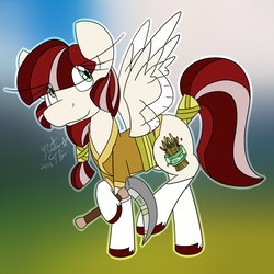 Size: 2000x2000 | Tagged: safe, artist:rosexknight, oc, oc only, oc:nanako, pegasus, pony, clothes, cutie mark, farmer, female, green eyes, high res, multicolored hair, neighponese, sickle, solo, vaguely asian robe, wings