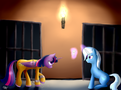 Size: 4093x3031 | Tagged: safe, artist:ollofkyser, trixie, twilight sparkle, alicorn, pony, unicorn, g4, bound wings, cell, chains, clothes, crying, cuffs, dock, frustrated, grin, horn, horn ring, jumpsuit, key, levitation, magic, magic suppression, prison outfit, prisoner ts, smiling, telekinesis, twilight sparkle (alicorn)