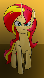 Size: 1800x3200 | Tagged: safe, artist:diaperednight, sunset shimmer, pony, unicorn, g4, female, looking at you, mare, raised hoof, sad, sad face, solo, story included, walking
