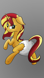 Size: 1800x3200 | Tagged: safe, artist:diaperednight, sunset shimmer, pony, unicorn, g4, diaper, embarrassed, female, implied princess celestia, non-baby in diaper, poofy diaper, solo, story included