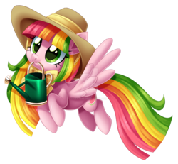 Size: 1600x1478 | Tagged: safe, artist:centchi, oc, oc only, oc:fancy fruit, pegasus, pony, female, hat, mare, rainbow hair, simple background, solo, transparent background, watering can, watermark