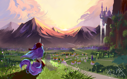Size: 1280x800 | Tagged: safe, artist:duvivi, oc, oc only, oc:brume, ghost, pony, unicorn, canterlot, canterlot castle, clothes, fanfic, fanfic art, looking away, mountain, outdoors, ponyville, rear view, scenery, scenery porn, sitting, sky, solo, valley, windswept mane
