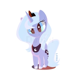 Size: 800x800 | Tagged: safe, artist:duvivi, princess luna, alicorn, pony, g4, chibi, female, folded wings, head tilt, jewelry, looking at you, name, regalia, s1 luna, simple background, smiling, solo, standing, three quarter view, watermark, white background, wings