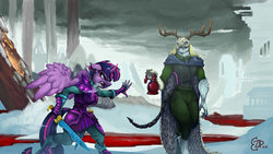 Size: 1024x576 | Tagged: safe, artist:eztp, twilight sparkle, oc, oc:indigo frost, alicorn, wendigo, windigo, anthro, g4, alternate hairstyle, antlers, armor, breasts, cloak, clothes, commission, fanfic, fanfic art, gloves, kopis, open mouth, overcast, pants, punklight sparkle, river, ruins, scenery, skirt, skull, snow, story:journey to hearth's warming, story:twilily saga: journey to hearth's warming, tower, tree, twilight sparkle (alicorn), vest, wasteland, weapon