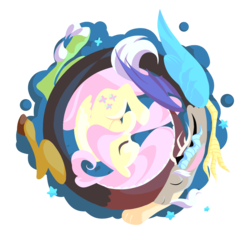 Size: 1000x1000 | Tagged: safe, artist:duvivi, discord, fluttershy, draconequus, pegasus, pony, g4, curled up, duo, eyes closed, female, flat colors, male, mare, profile, ship:discoshy, shipping, simple background, smiling, straight, transparent background, wings