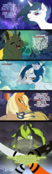 Size: 1500x5000 | Tagged: safe, artist:dormin-dim, oc, oc only, changeling, pegasus, pony, unicorn, canterlot, changeling hive, changeling oc, crying, dialogue, eyes closed, female, french, gift art, lidded eyes, mare, smiling, yellow changeling