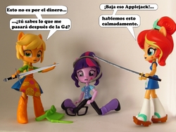Size: 1000x750 | Tagged: safe, artist:whatthehell!?, applejack, sci-twi, sunset shimmer, twilight sparkle, equestria girls, g4, boots, clothes, doll, equestria girls minis, glasses, hat, headphones, irl, katana, knife, photo, shoes, spanish, sunset sushi, sword, toy, weapon