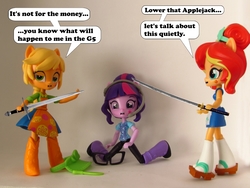 Size: 1000x750 | Tagged: safe, artist:whatthehell!?, applejack, sci-twi, sunset shimmer, twilight sparkle, equestria girls, g4, boots, clothes, doll, equestria girls minis, glasses, hat, headphones, irl, katana, knife, photo, shoes, sunset sushi, sword, toy, weapon