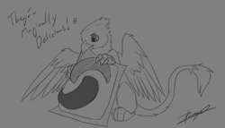 Size: 1234x707 | Tagged: safe, artist:xeirla, oc, oc only, oc:der, griffon, biting, dialogue, english, grayscale, holding, male, micro, monochrome, pod, sitting, sketch, smiley, solo, tide, tide pods