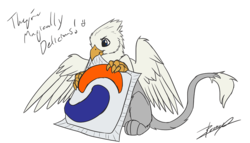 Size: 1234x707 | Tagged: safe, artist:tinibirb, artist:xeirla, color edit, edit, oc, oc only, oc:der, griffon, biting, colored, dialogue, english, haters gonna hate, holding, imminent darwin award, male, meme, micro, pod, sitting, sketch, solo, this will end in death, this will end in pain, this will end in poisoning, tide, tide pods, too dumb to live