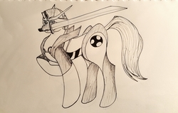 Size: 3016x1917 | Tagged: safe, artist:karra-shi, earth pony, pony, drift (transformers), inktober, looking at you, male, monochrome, mouth hold, ponified, raised hoof, solo, stallion, sword, traditional art, transformers, weapon