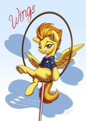 Size: 1280x1787 | Tagged: safe, artist:tsitra360, spitfire, pegasus, pony, g4, clothes, female, looking at you, mare, sitting, smiling, solo, spread wings, underhoof, uniform, wings, wonderbolts dress uniform