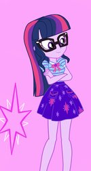 Size: 526x984 | Tagged: safe, artist:twlighti-shimmer, sci-twi, twilight sparkle, equestria girls, g4, my little pony equestria girls: better together, alternate hairstyle, clothes, crossed arms, cutie mark, female, glasses, purple background, sci-twi skirt, simple background, skirt, smiling, solo