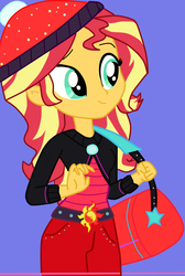 Size: 1024x1523 | Tagged: safe, artist:twlighti-shimmer, sunset shimmer, equestria girls, g4, bag, beanie, blue background, cute, duffle bag, female, hat, shimmerbetes, simple background, smiling, solo