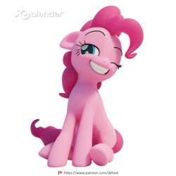 Size: 2048x2048 | Tagged: safe, artist:therealdjthed, pinkie pie, earth pony, pony, g4, 3d, 3d model, blender, blender cycles, cycles render, female, floppy ears, grin, high res, mare, model:djthed, one eye closed, patreon, patreon logo, simple background, sitting, smiling, solo, transparent background, wink