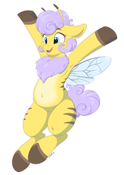 Size: 2894x4093 | Tagged: safe, artist:faline-art, oc, oc only, oc:elderflower, bee pony, original species, pony, armpits, belly, belly button, cute, female, mare, pale belly, simple background, smiling, solo