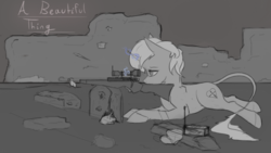 Size: 1084x613 | Tagged: safe, artist:surcouff, oc, oc only, oc:deady, classical unicorn, pony, unicorn, fallout equestria, cloven hooves, curved horn, cutie mark, female, glowing horn, grayscale, gun, hooves, horn, leonine tail, levitation, lying down, magic, mare, monochrome, optical sight, radio, rifle, sniper, sniper rifle, solo, telekinesis, text, unshorn fetlocks, wasteland, weapon